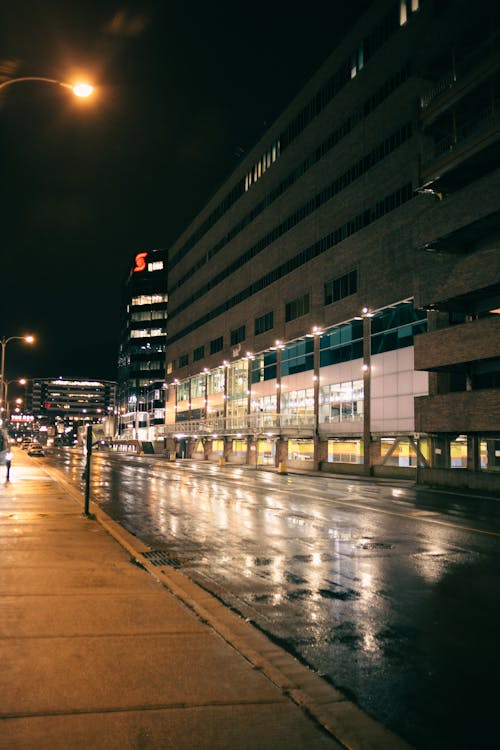 Modern city district with glowing buildings and wet asphalt road near sidewalk under dark sky at night