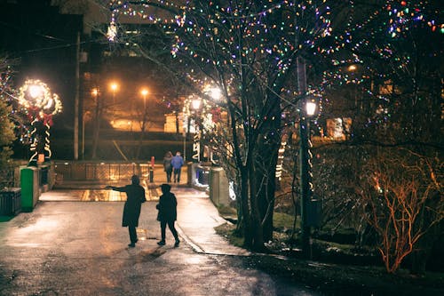 Back view of unrecognizable people in warm clothes walking on street with streetlamps and glowing garlands on trees