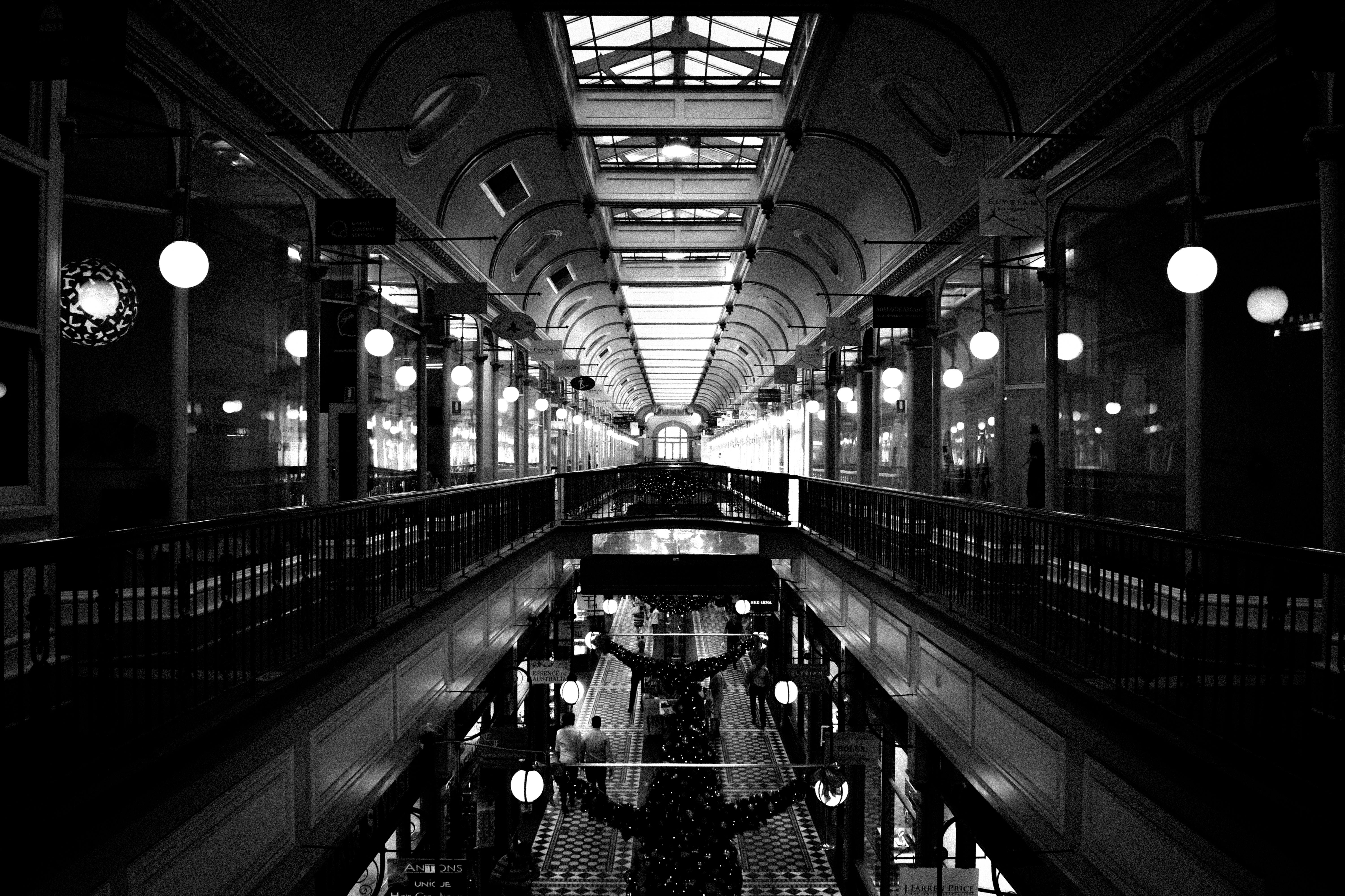 Free stock photo of black and white, leading lines, mall