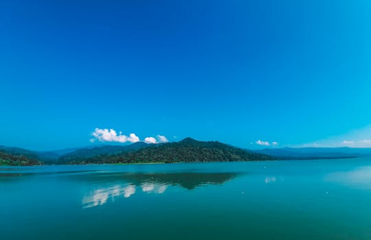 A serene view of a tranquil lake reflecting lush green hills and a clear blue sky.