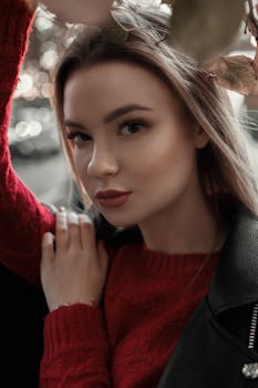 Close-up portrait of a confident young woman wearing a red sweater, exuding elegance and modern fashion.