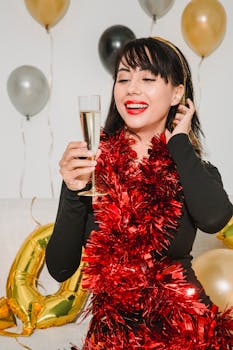 Happy young female with red lips and glass of champagne in shimmering tinsel smiling among balloons