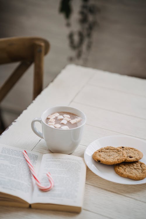 From above of tasty sweet cookies and cocoa with marshmallow on table with book