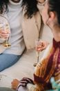 Unrecognizable female friends in smart casual clothes sitting on couch with glasses of champagne and talking spending time on party