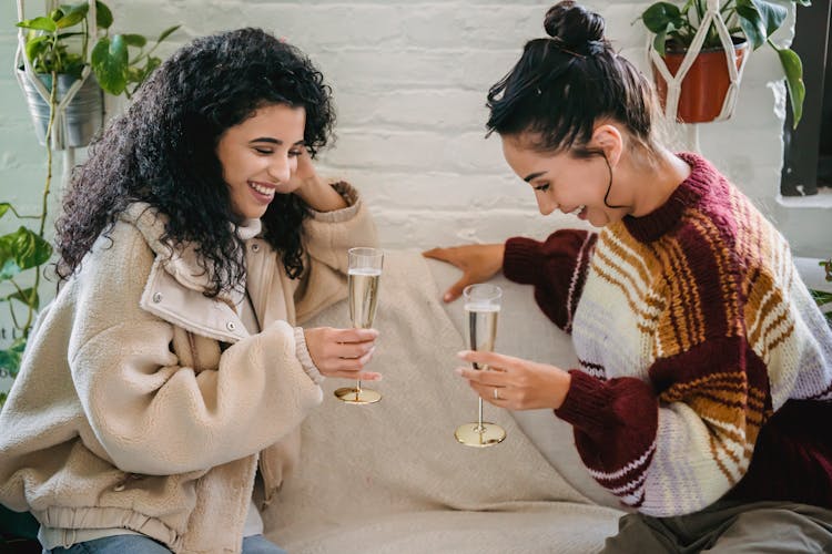 Cheerful Women Drinking Wine Sitting On Couch