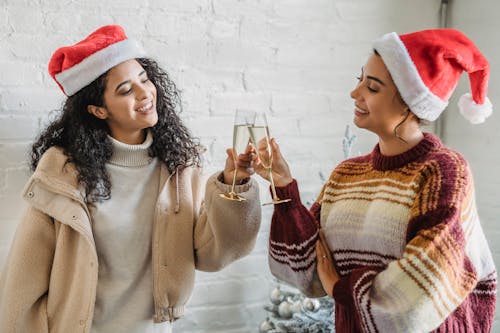 Smiling ethnic female friends toasting with champagne glasses while congratulating each other with New Year