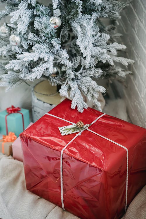 From above of wrapped gift boxes decorated with ribbons placed under branches of decorated Christmas tree