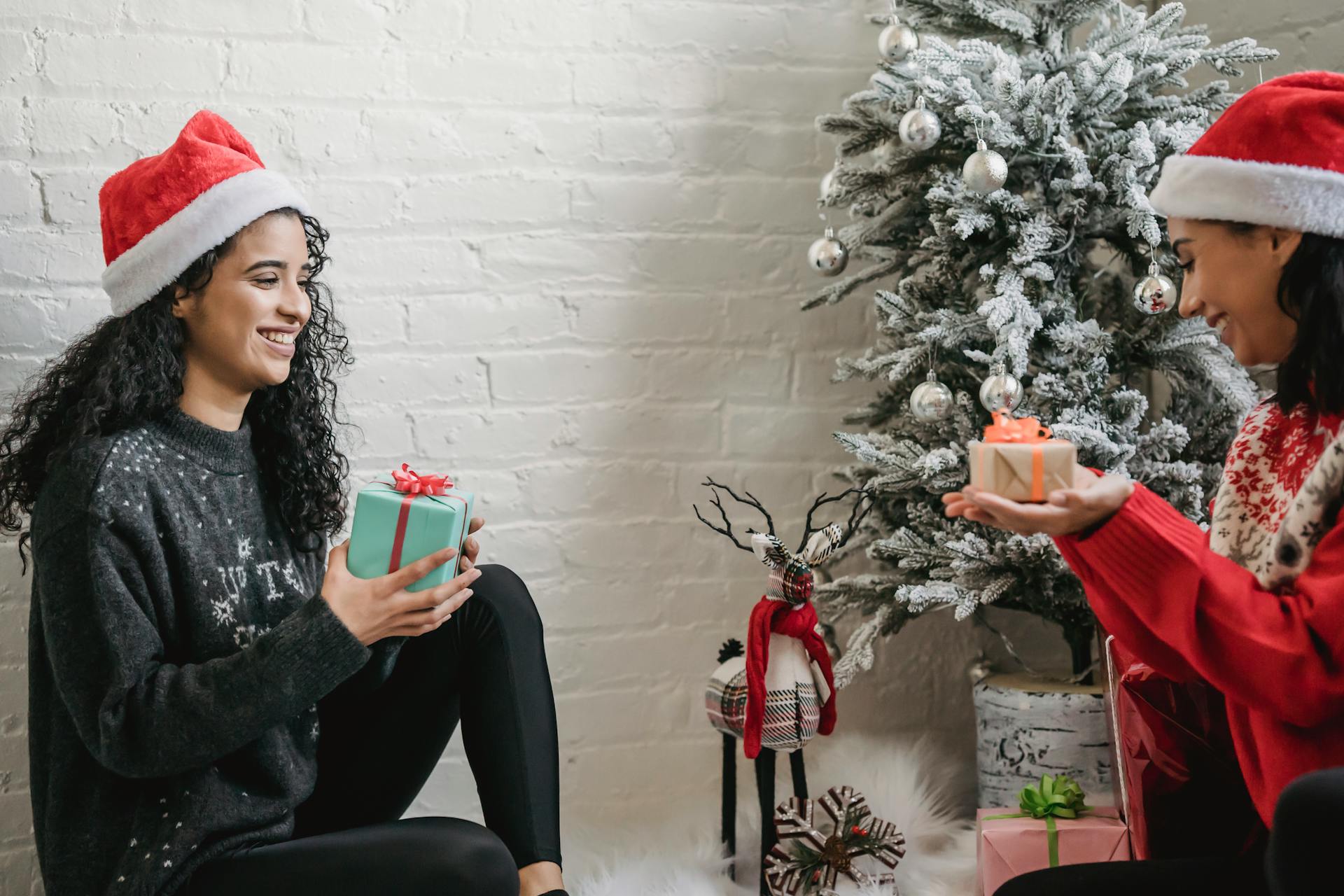 Two women enjoying a holiday gift exchange by a decorated Christmas tree.