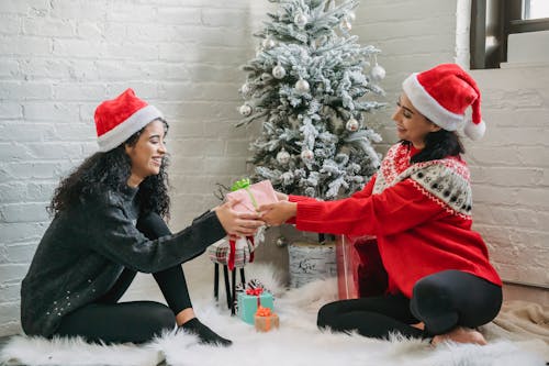 Happy ethnic female friends exchanging gifts under Christmas tree