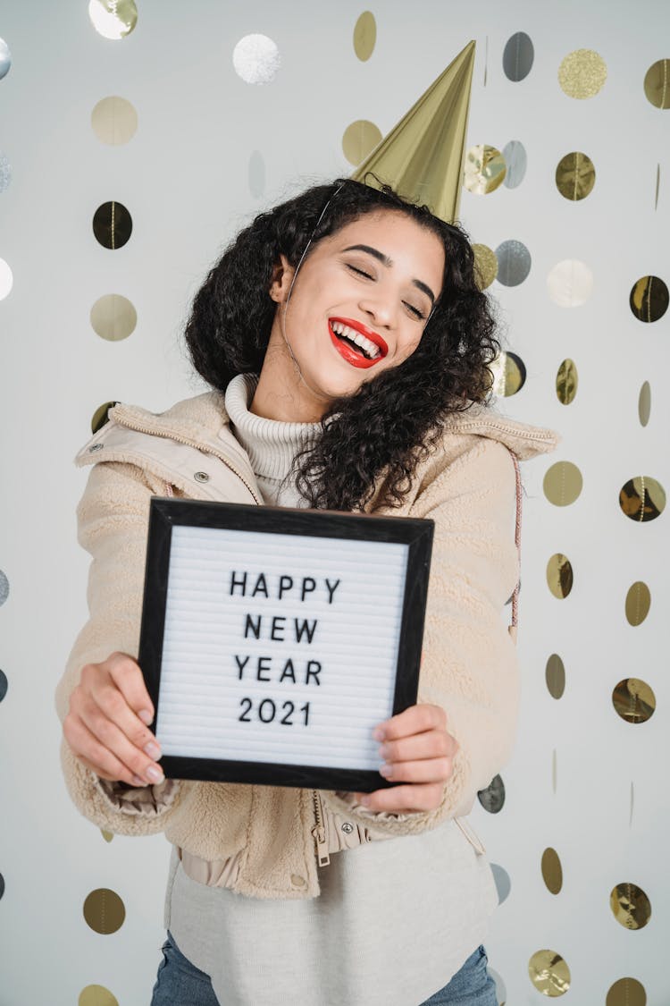 Happy Woman With Happy New Year 2021 Letter Board