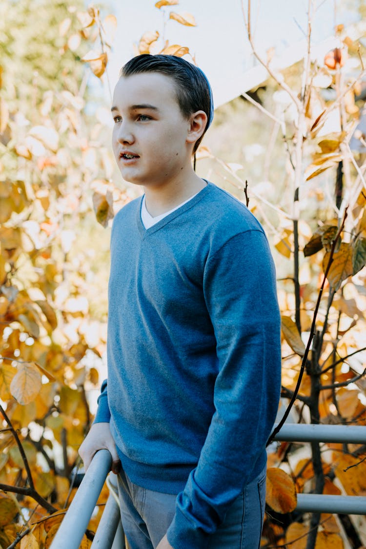 Boy In Blue V Neck Sweater Standing Near Brown Leaves