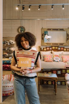 A fashionable African American woman holds a 'SALE' sign in a stylish indoor furniture store.