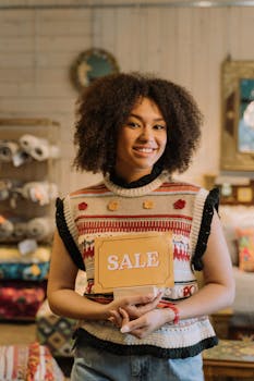 Smiling young woman holding a sale sign in a warm and inviting store setting.