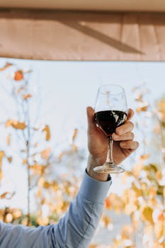 A hand holding a glass of red wine in an autumn setting, ideal for holiday celebrations.