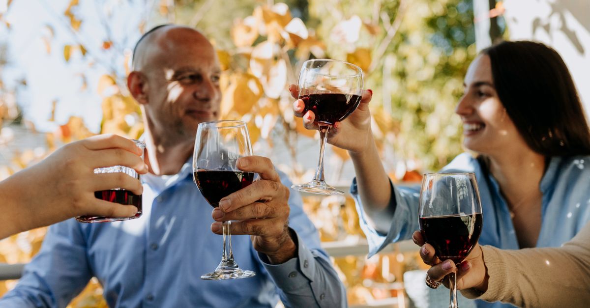 A cheerful group enjoying red wine outdoors in a festive celebration.