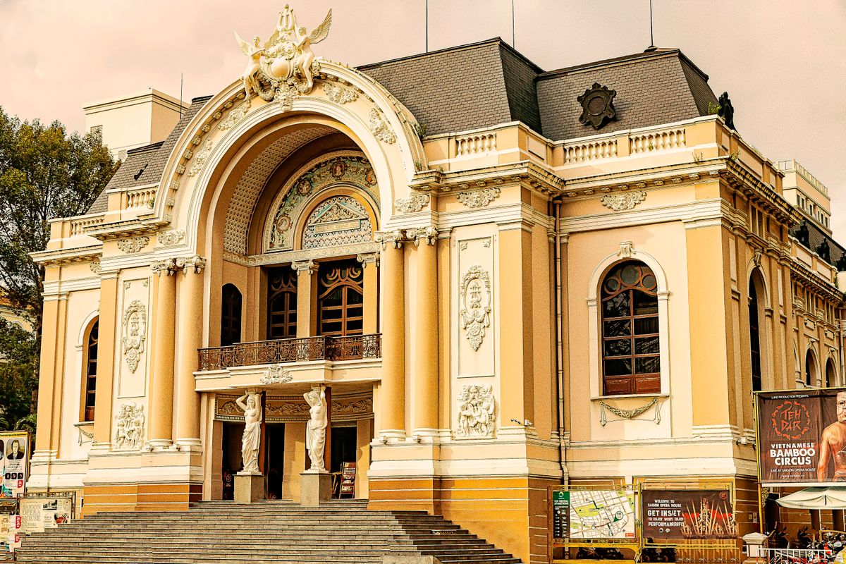 Ornate entrance and steps of the Saigon Opera House
