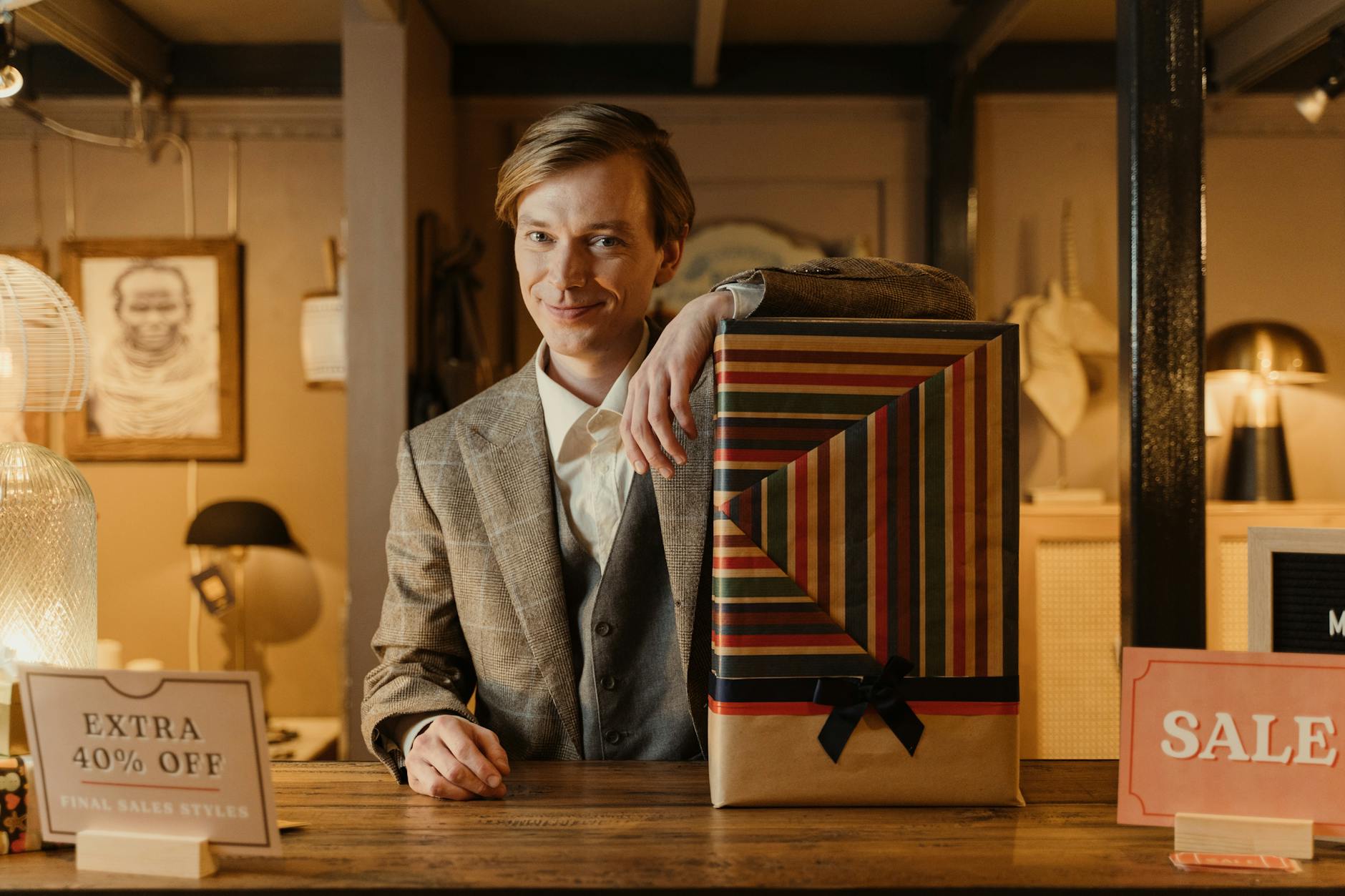 A cheerful salesman in a business attire presenting a gift and sale signs in a cozy store setting.