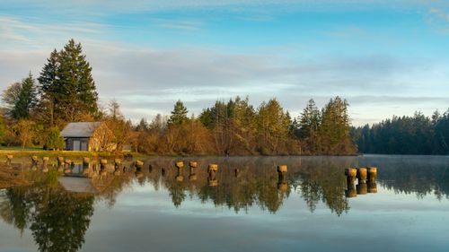 Free Peaceful rural scene with a cabin and reflection in Olympia, WA lake. Stock Photo