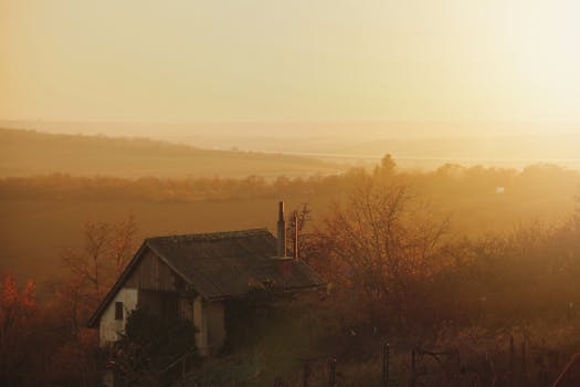 Scenic foggy sunrise with farmhouse and mist in rural Nitra, Slovakia.