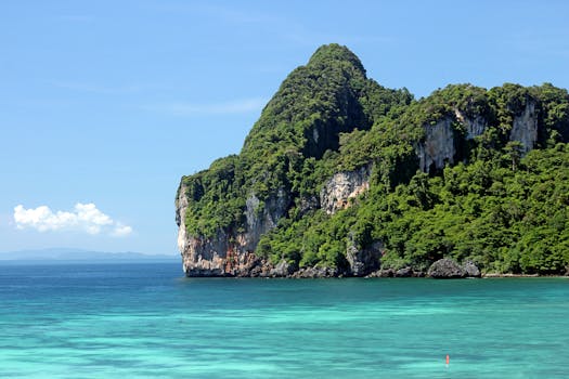 Breathtaking view of tropical cliffs and turquoise waters in Ao Nang, Thailand.