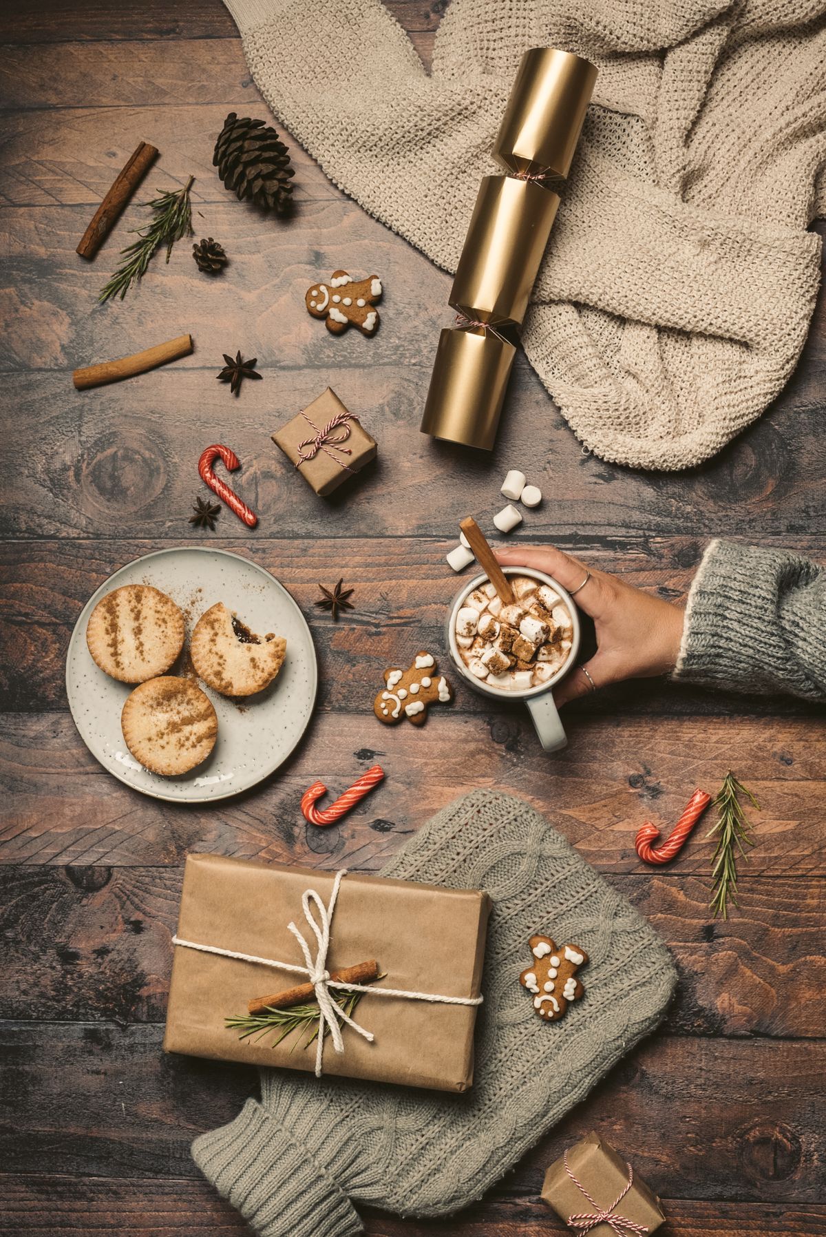 Hot chocolate and champagne bar with ginger cookies flatlay