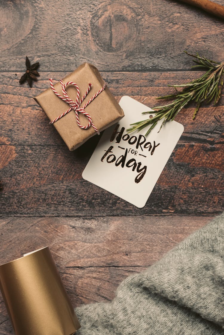 Christmas Gift On A Wooden Table 