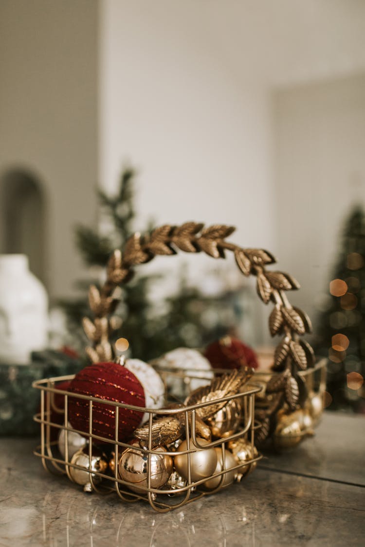 Christmas Decorations On A Metal Basket