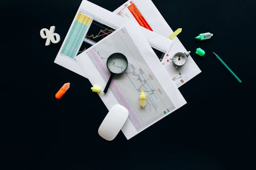 Overhead view of an office desk with financial documents, a magnifying glass, and stationery items, suggesting business analysis.