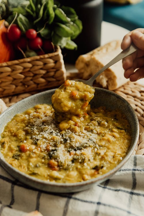 Lentil Soup in Gray Ceramic Bowl