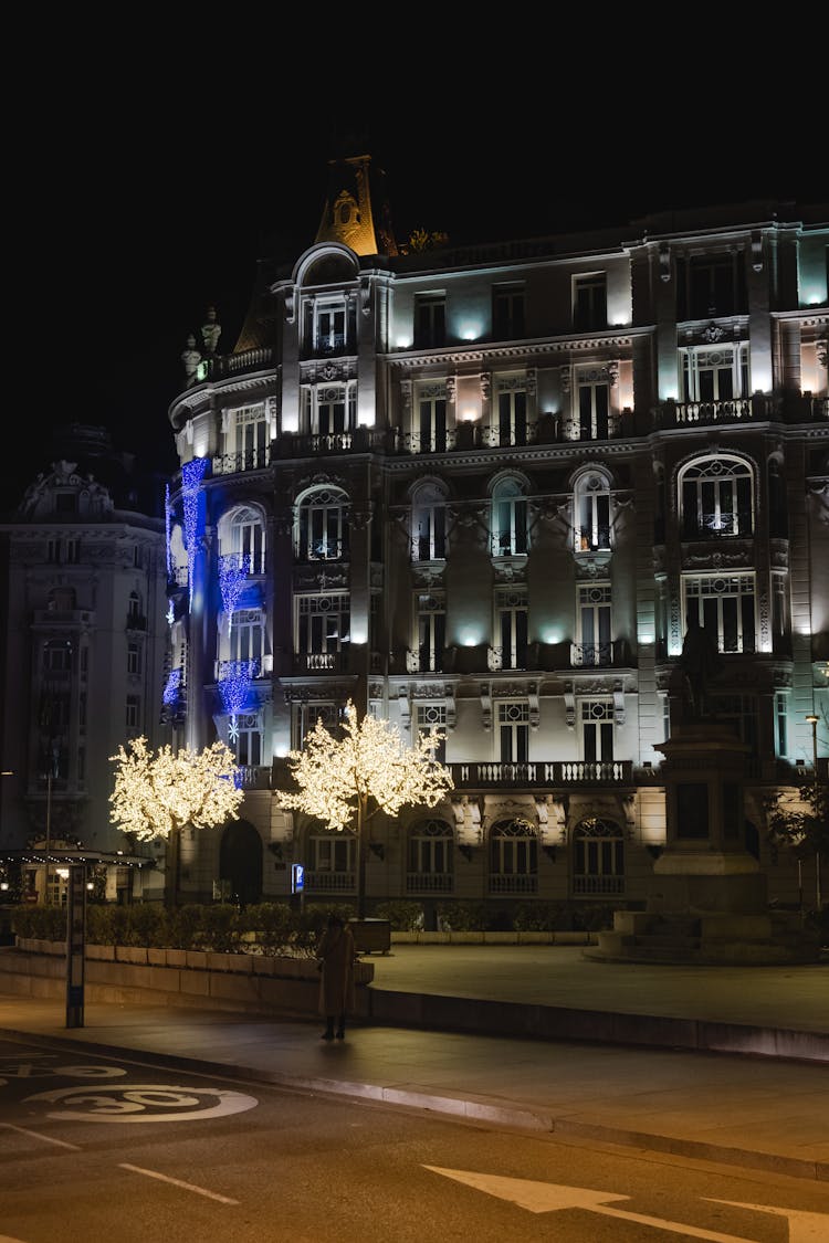 Lighted Trees In Front Of A Building