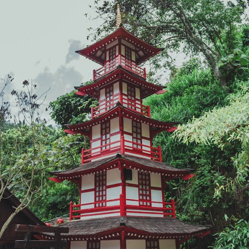 Facade of oriental Buddhist pagoda typical roofs and red ornamental details in abundant sunny park in Asian country