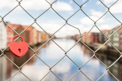 Free Red Lock in Gray Link Fence Stock Photo
