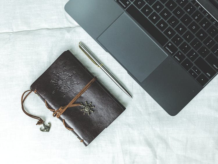  Black Leather Journal Besides A Laptop