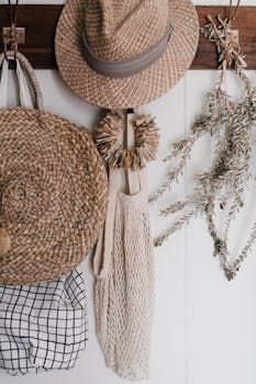A rustic setup with straw accessories and natural decor enhancing a cozy vibe.