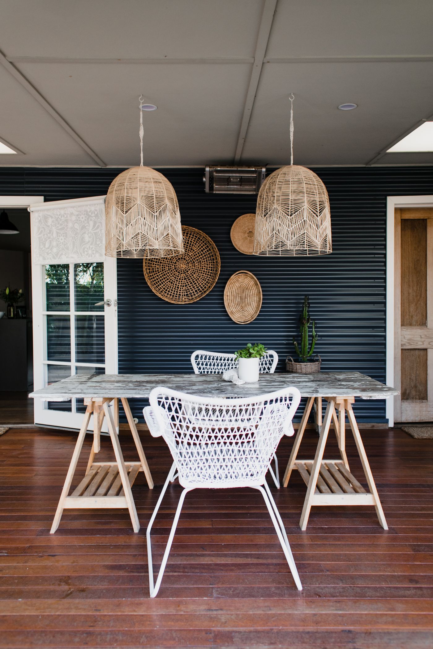 Warm dining room interior with ceiling lighting
