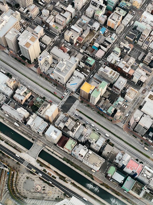 Streets of residential district with roads and buildings