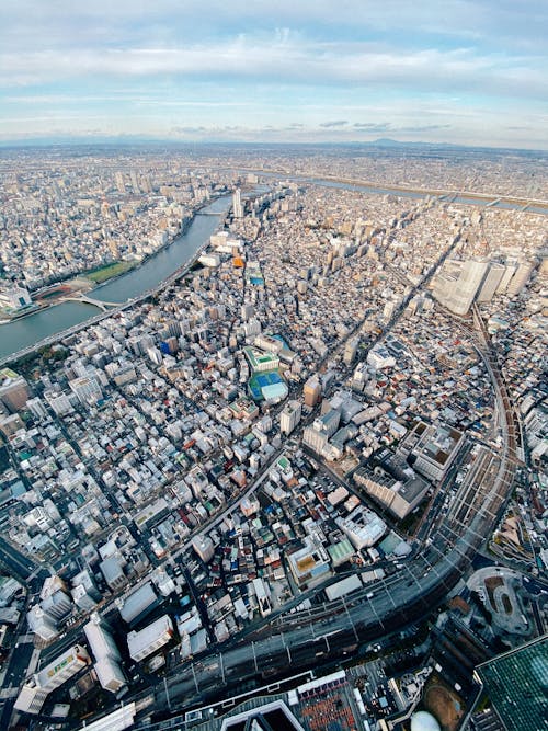 Aerial view of city streets with residential and office buildings located on river bay