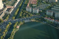 Cityscape of Town Buildings near Lake