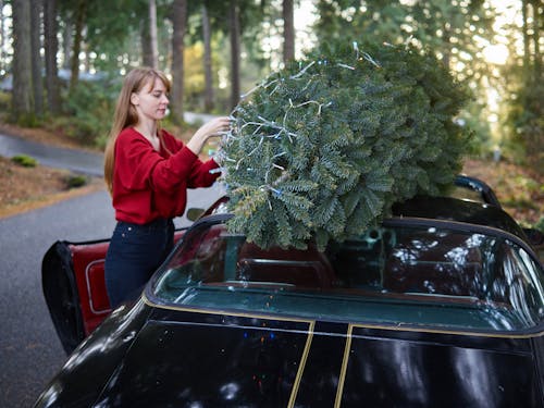Woman in Red Top Decorating a Christmas Tree on Top of a Car