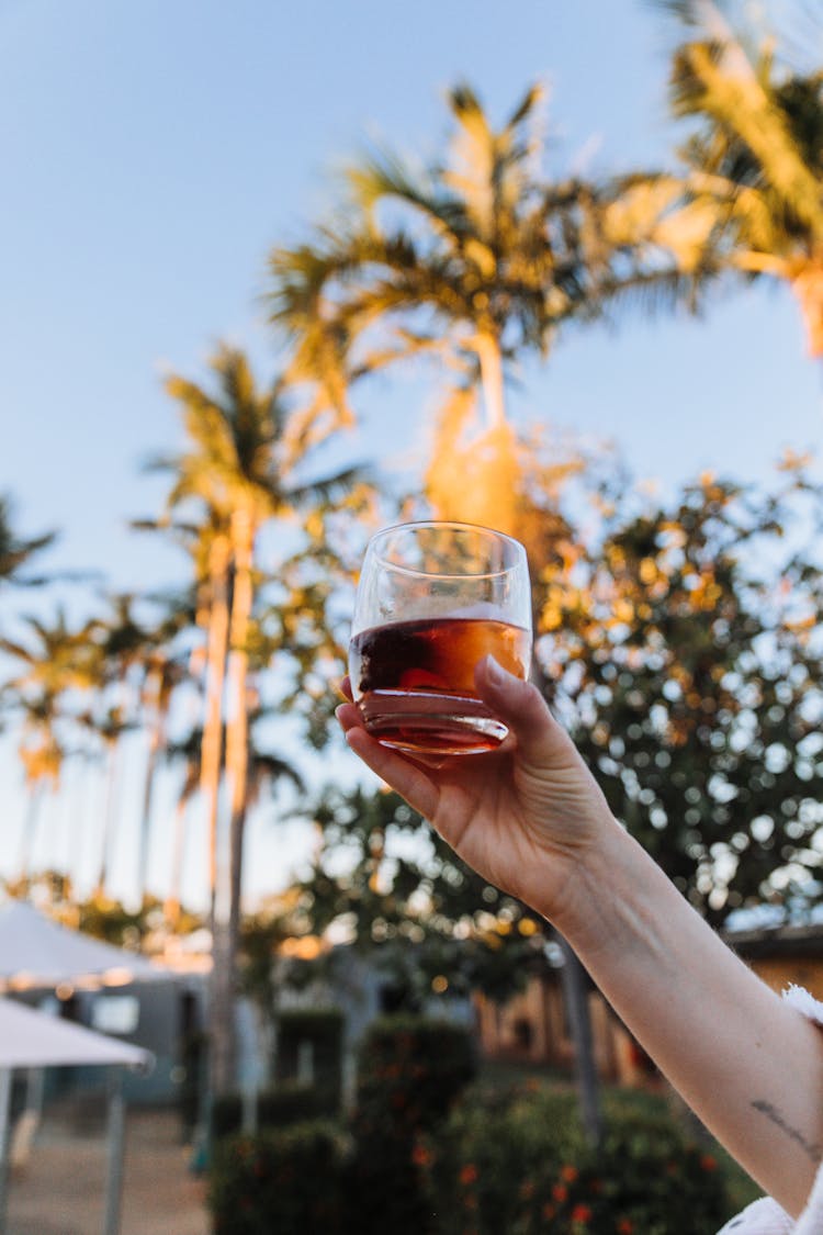 Hand Holding Cocktail In Glass Relaxing Outdoors