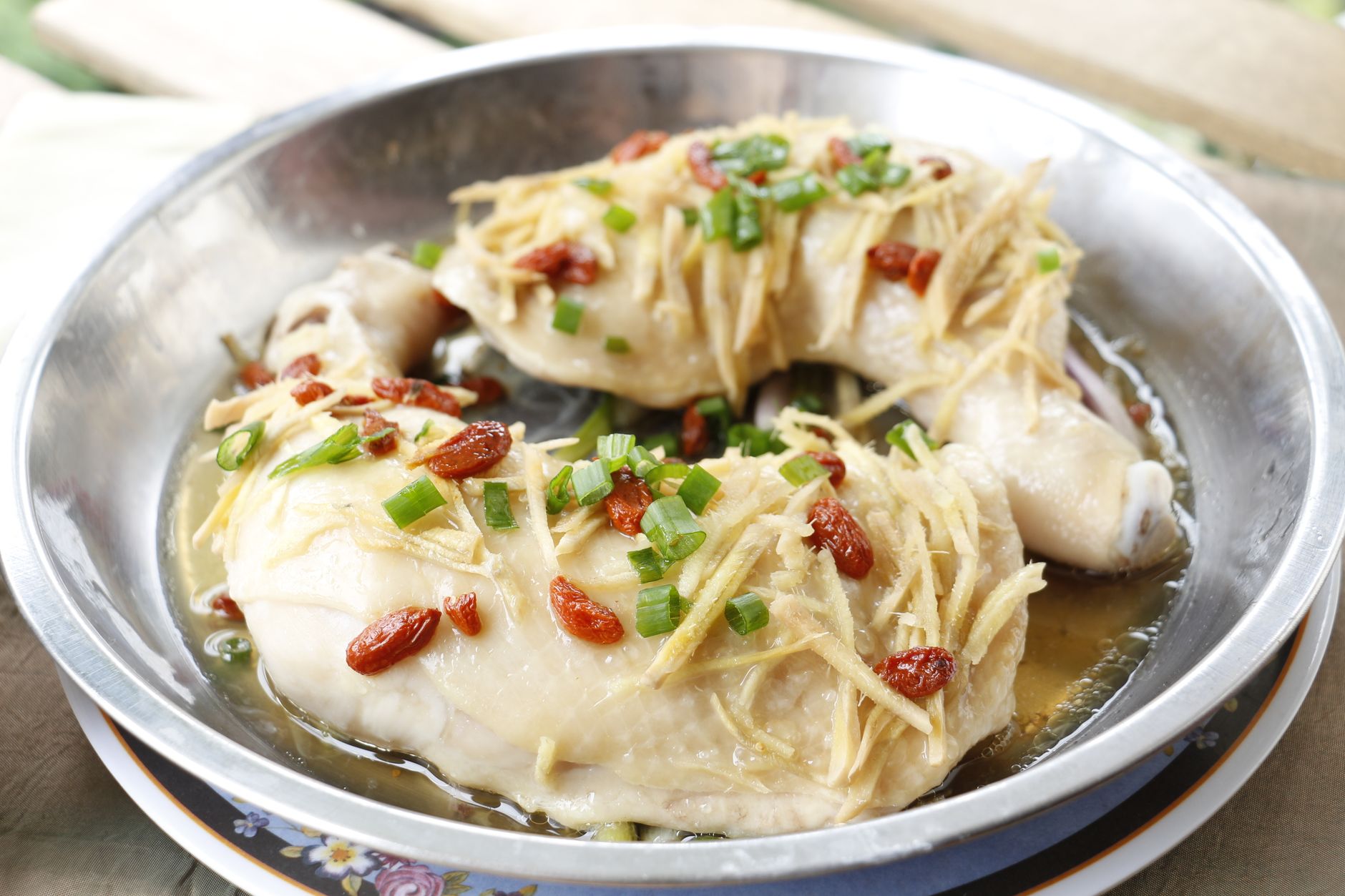 Ingredients for Chicken Cooked in Ginger laid out on a table