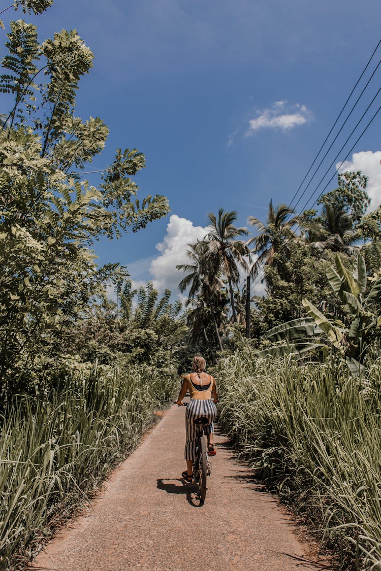 Woman Biking On A Narrow Road 