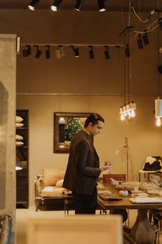 A man exploring luxury home decor and tableware in a stylish boutique store setting.