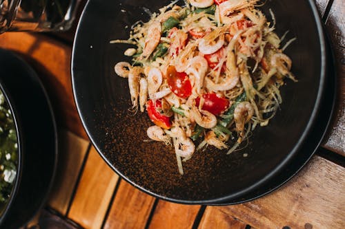 Cooked Shrimp Dish on Black Ceramic Bowl