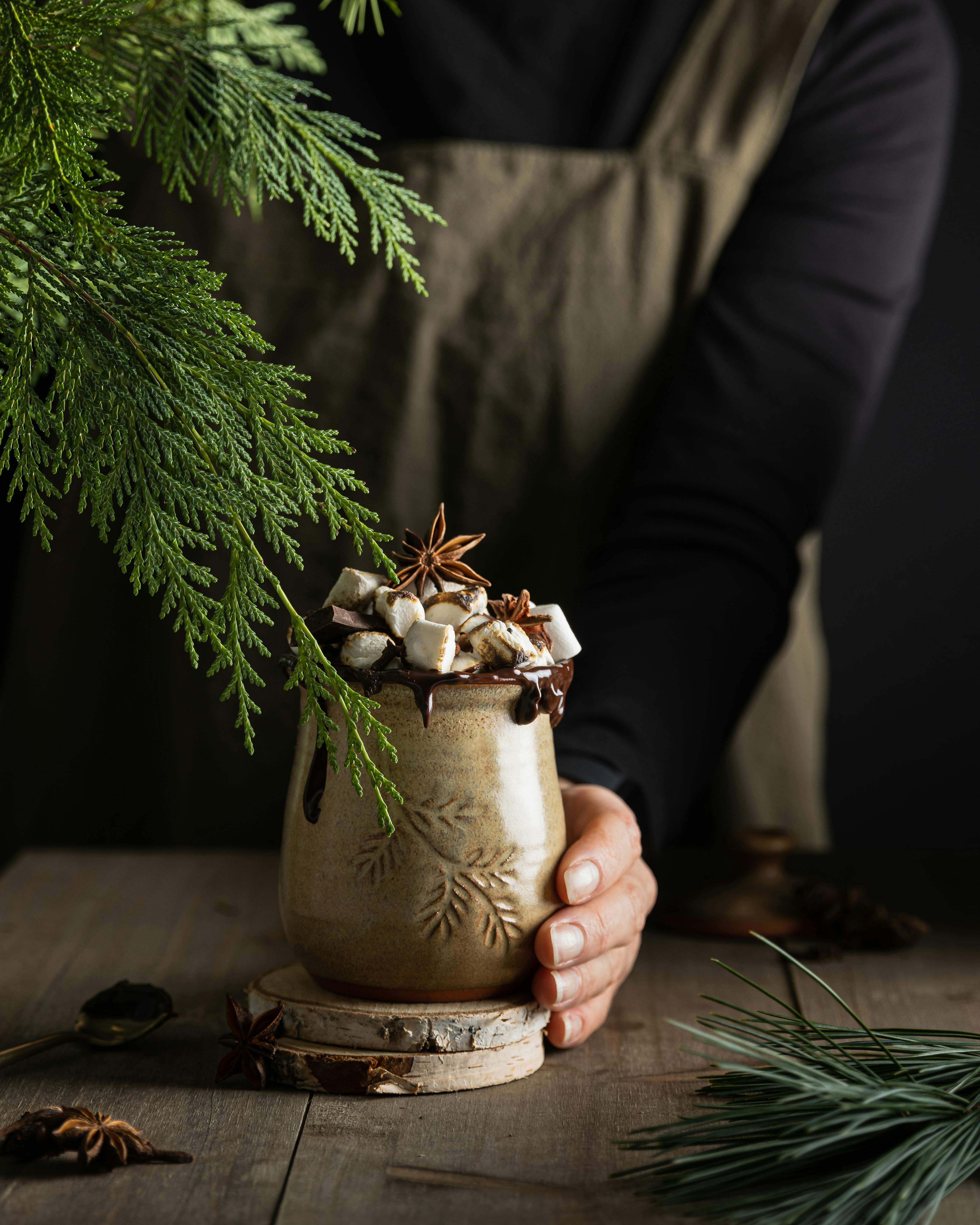 chocolate drink with star anise and marshmallow toppings