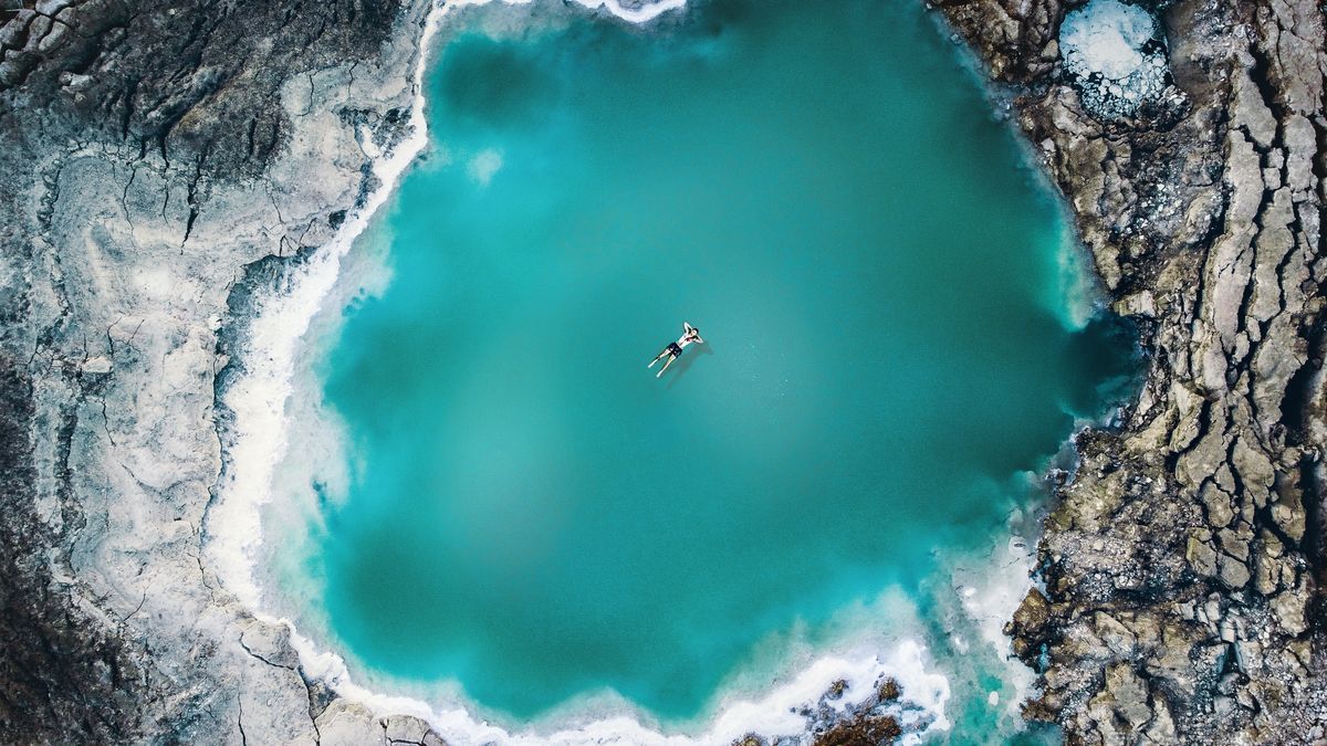 The Dead Sea from above — 34% salt concentration makes floating effortless at the lowest point on Earth.