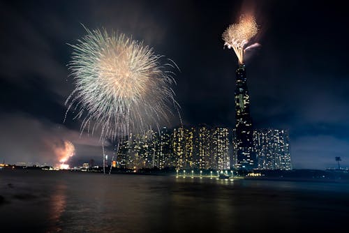 Big megapolis celebrating holiday with fireworks in sky