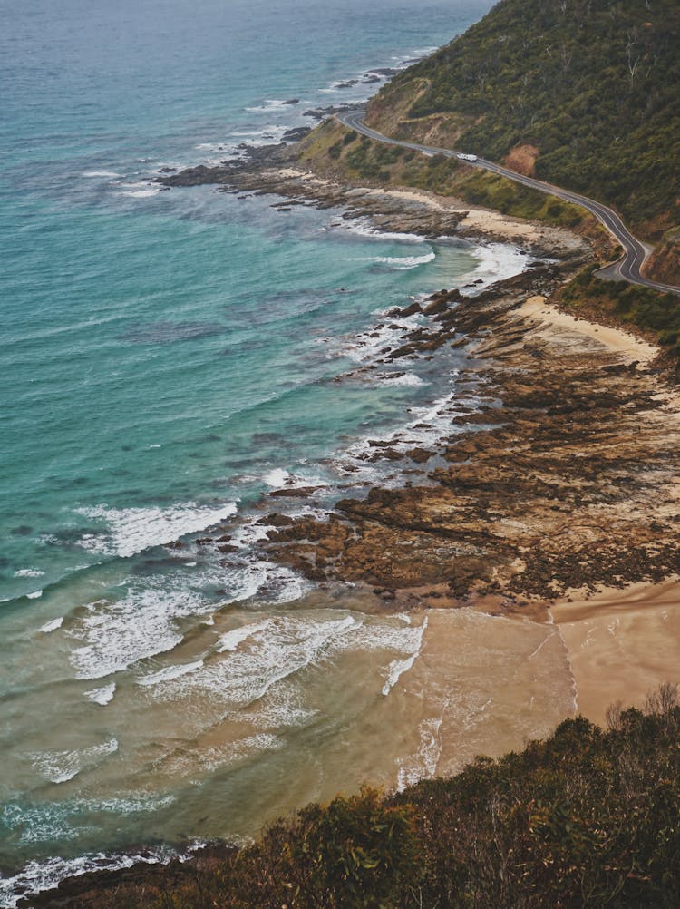 Aerial View Of Coastline And Seaside Road