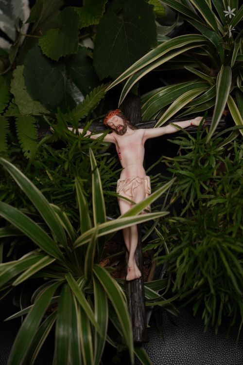 Free A detailed crucifix statue surrounded by diverse green leaves, symbolizing nature and spirituality. Stock Photo