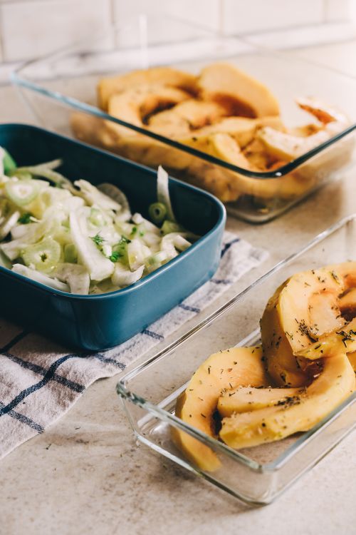 Free Delicious homemade vegan dish featuring roasted pumpkin and fresh fennel, perfect for healthy living enthusiasts. Stock Photo
